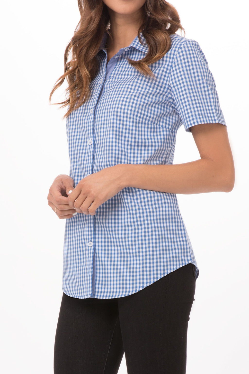 Modern Gingham Female Short Sleeves Dress Shirt